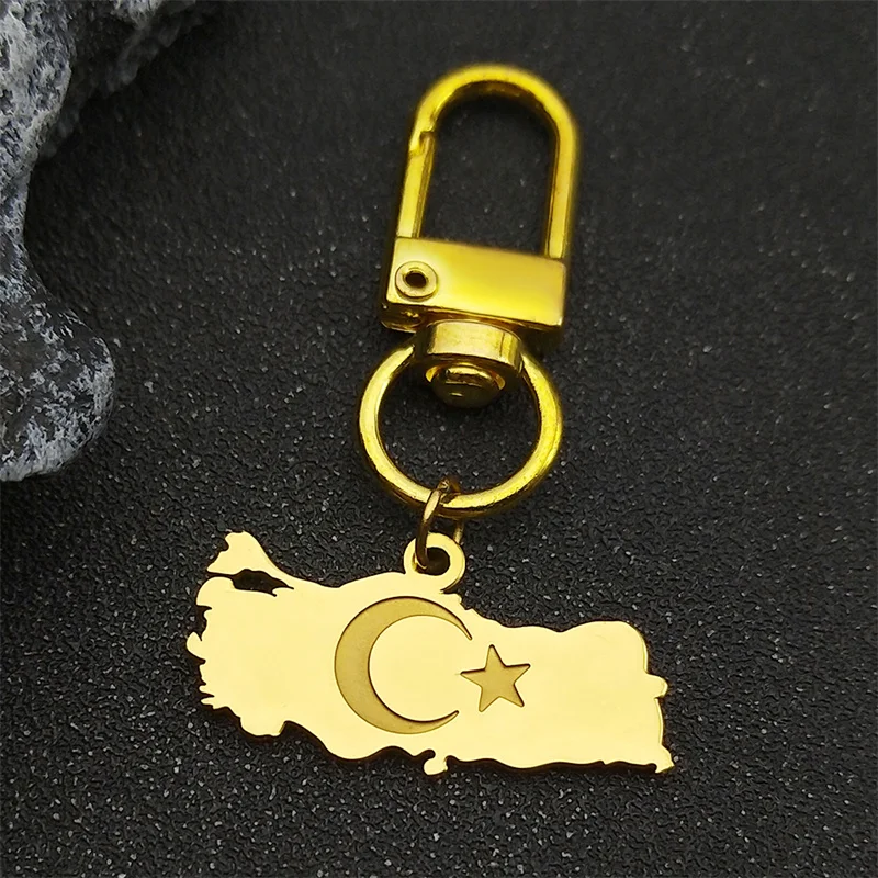 Ethnic Turkey Map Flag Keyring For Men Women Stainless Steel Gold Silver Color Turkish Country Map Moon Star Keyholder Jewelry G view 4