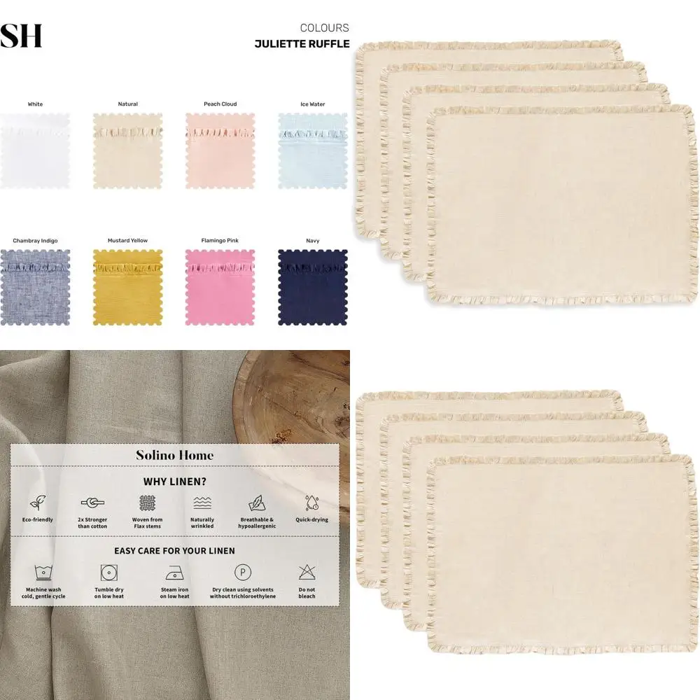 

Set of 4 14x19 Inch Pure Linen Juliette Ruffle Placemats - Handcrafted, Machine Washable for Autumn & Thanksgiving