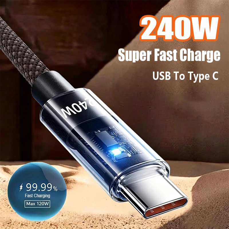10A 240W Quick Charging USB C Cable Nylon Braided Transparent Type C High-speed Charger Wire for Samsung Huawei Mi Data Line