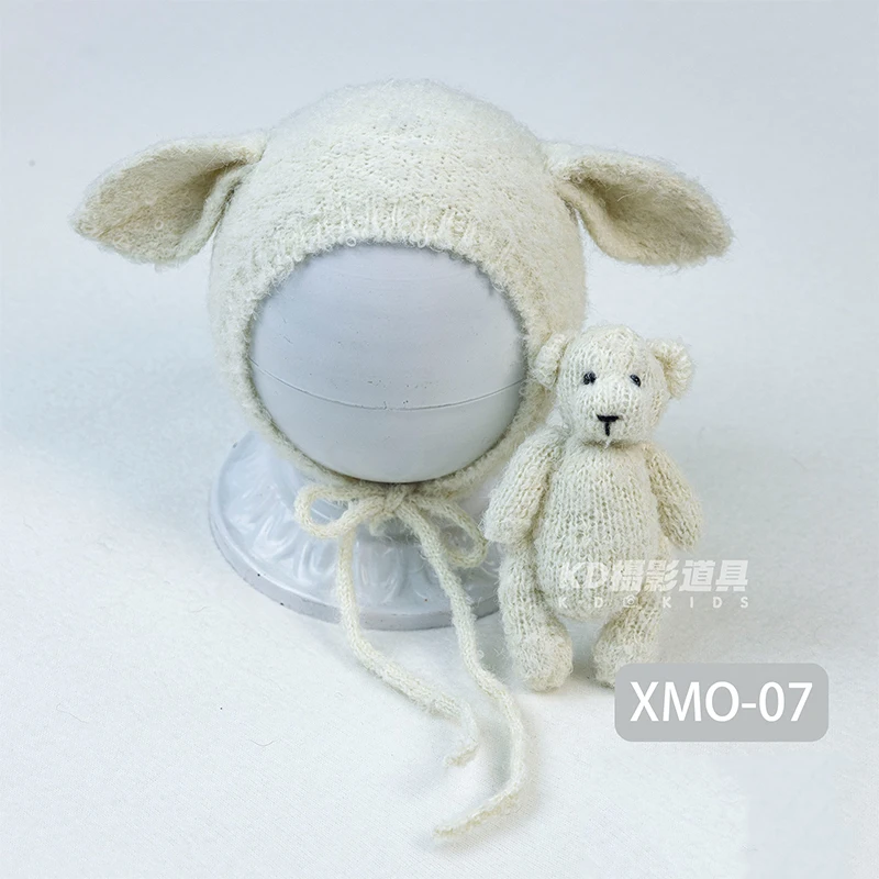 Cappello lavorato a maglia neonato + bambola orsacchiotto 2 pezzi / set Puntelli per fotografia Orsacchiotto fatto a mano lavorato a maglia Stuffer per bambini Giocattolo animale Studio fotografico Prop