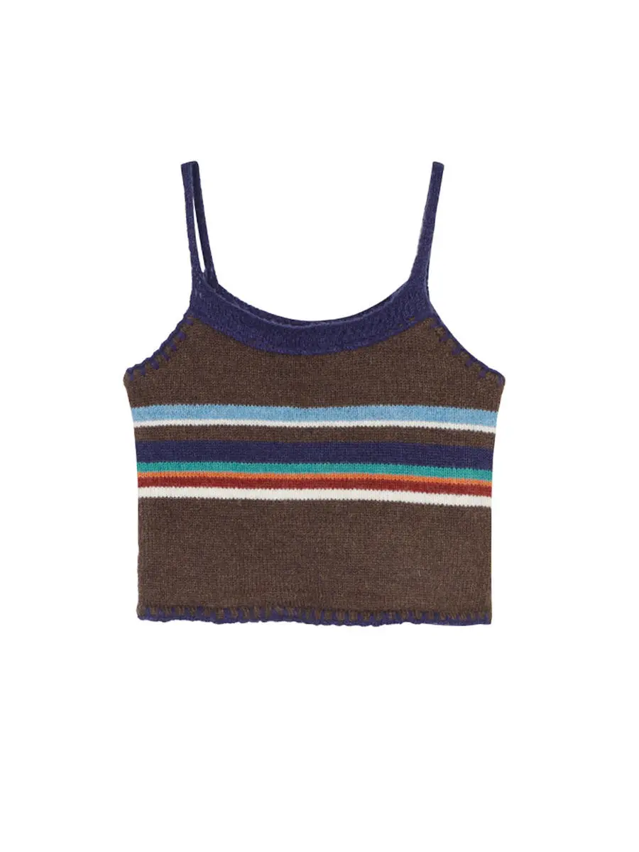 Vintage Striped Print Knitted Vest Women Overlap Slim Fit Bottom Camis Crop Top 2025 Autumn Outerwear Y2k Sweater Pulls