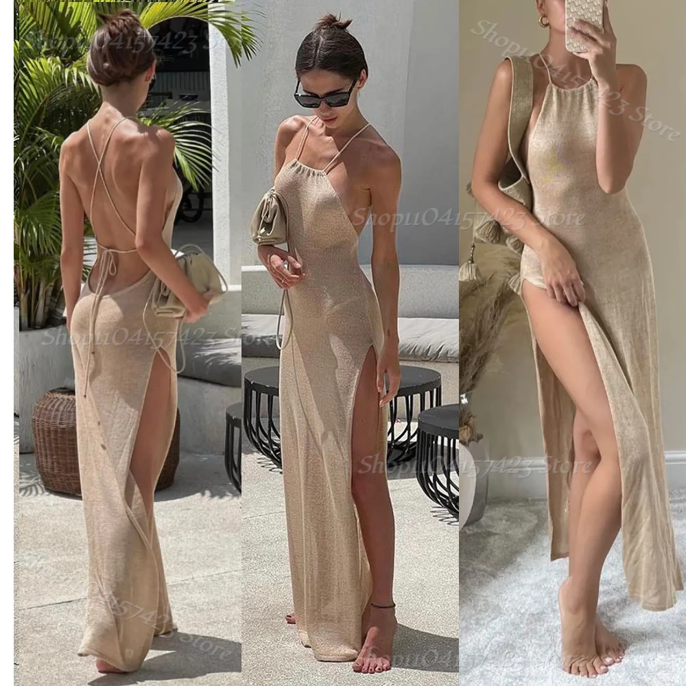 

2024 Kintted Cover Up Beach Sexy See Through Maxi Slit Bodycon Summer Dress Bikinis Cover-ups Elegant Halter Beachdress