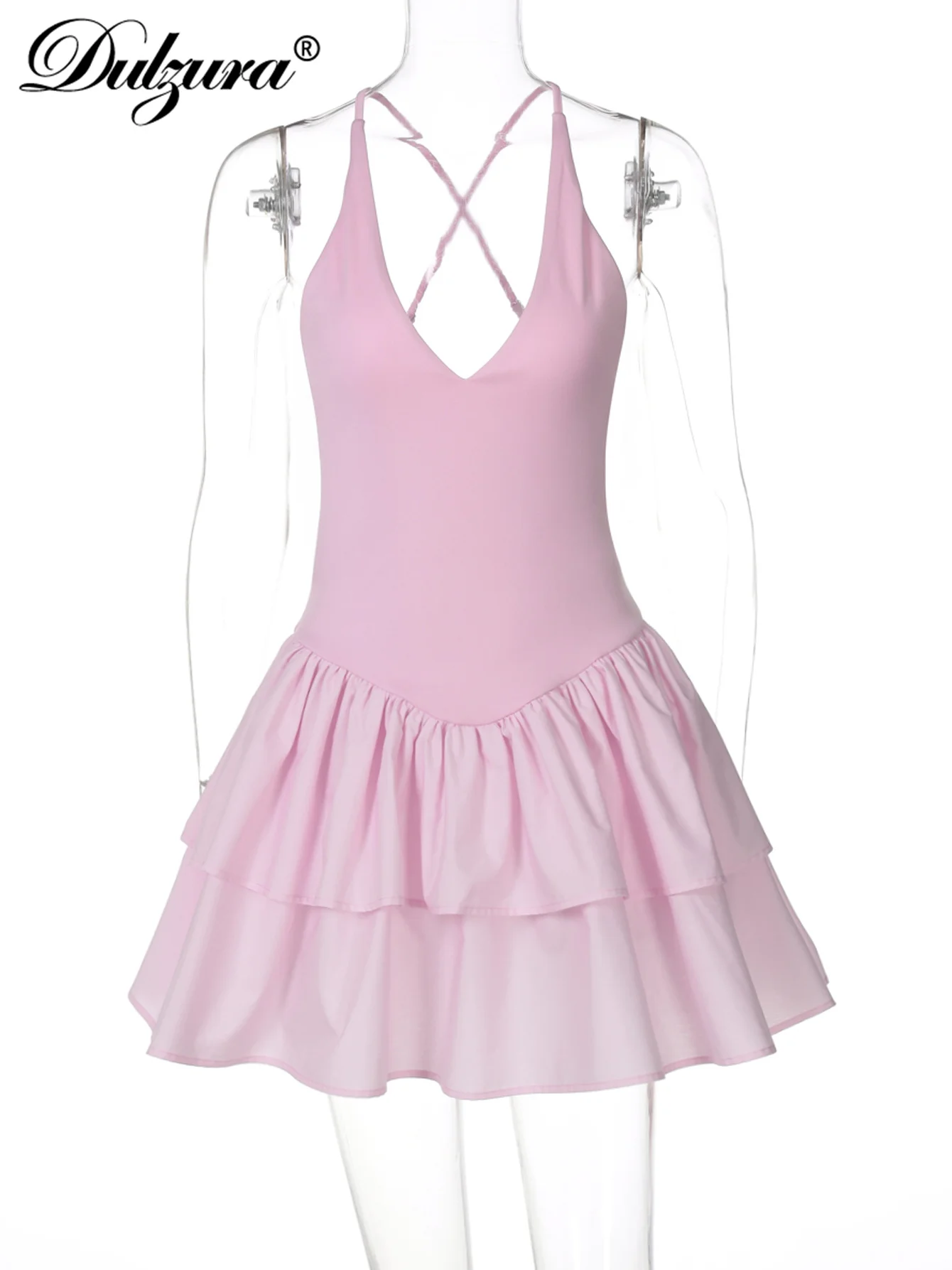 Dulzura Halter Sleeveless Backless Bodycon Cami Pleated Mini Dress Solid Sexy Elegant Long Dress Party Club Street Summer Outfit