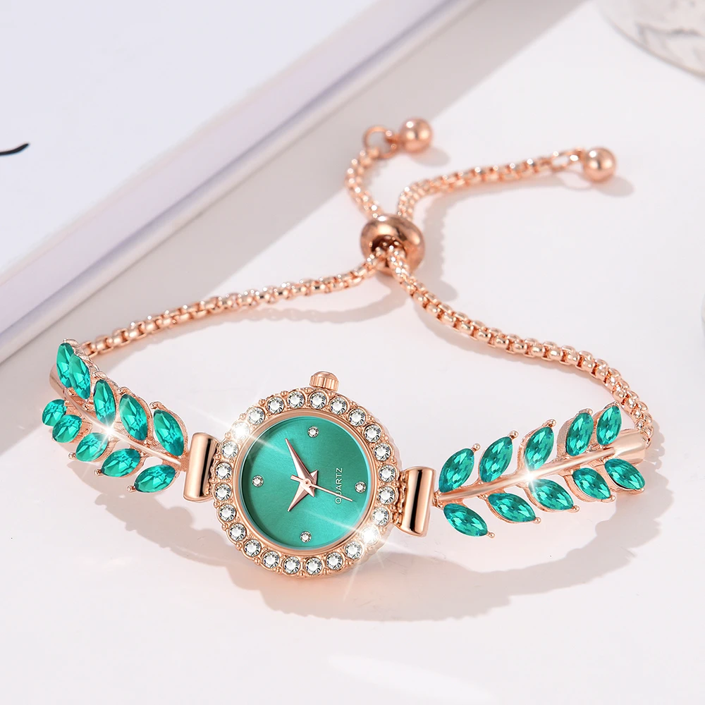 6PCS/Set Of Green Women Watches Fashionable Light Luxury Minimalist Dial Wristwatch Alloy Strap Watch Jewelry Set Gift For Mom