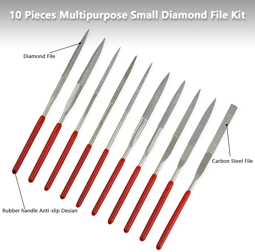 10-teiliges Diamant-Nadelfeilen-Set, 3 x 140 mm, Mini-Nadelfeilen-Set für Stein, Glas, Metall, Schnitzerei, Handwerk, Handwerkzeuge, Nadelfeilen-Set – Detail 4