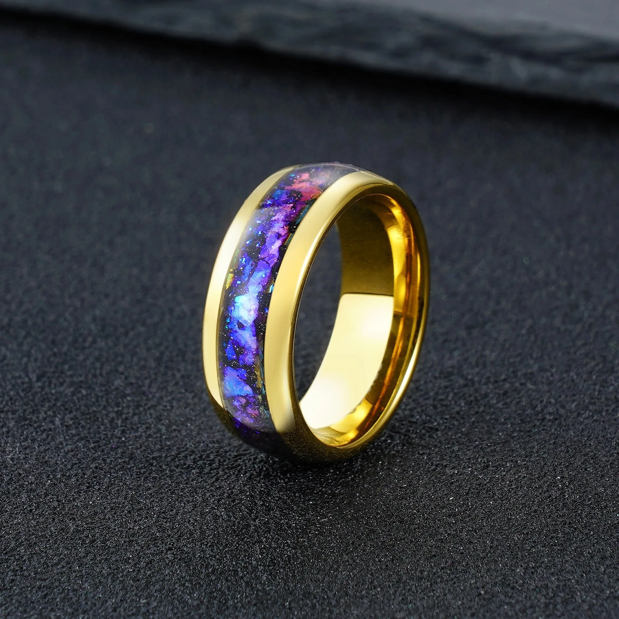 Custom 8MM Width Tungsten Wedding Men Rings Gold Plating Inlay Blue Nebular Galaxy Created-Opal Comfort Fit Size 7-12