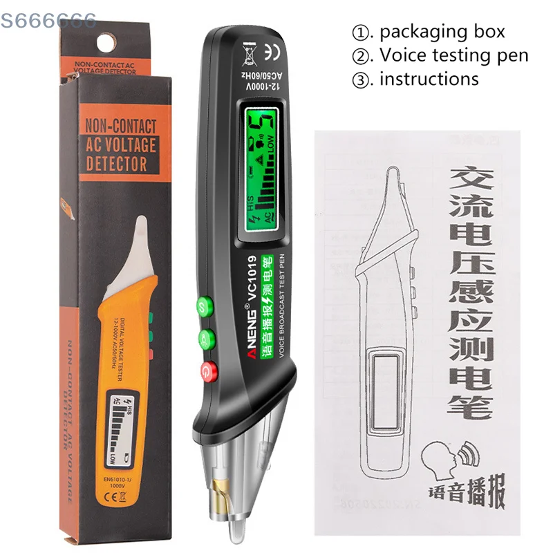 ANENG VC1019 Caneta Testadora de Tensão Sem Contato Transmissão de Voz Laser Vermelho detectar 12-1000V Volt Caneta de Corrente Ferramentas de Medidor de Teste Elétrico