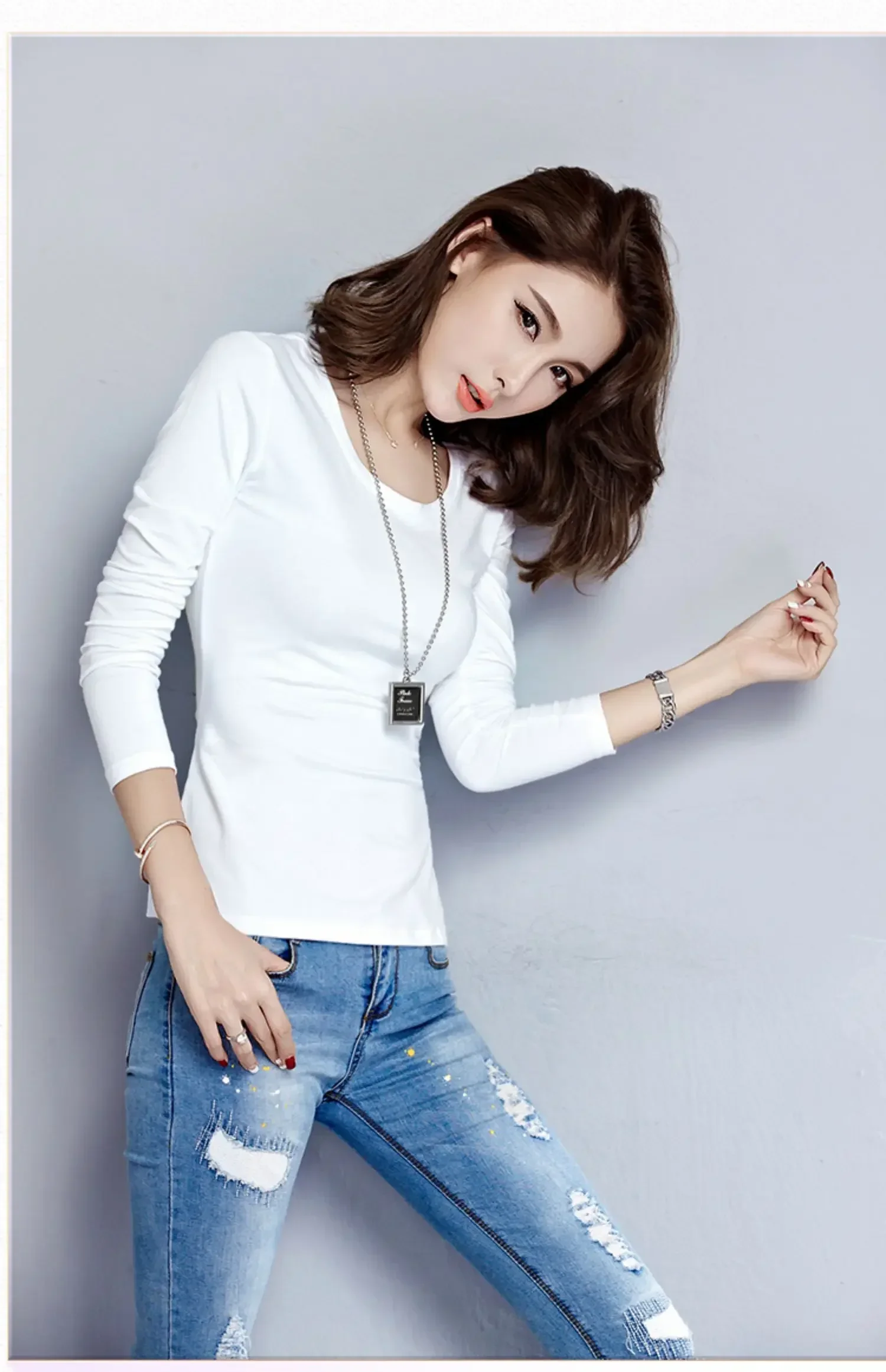 Pure cotton low collar of cultivate one's morality within the female by the spring and autumn winter long sleeve T-shirt coat