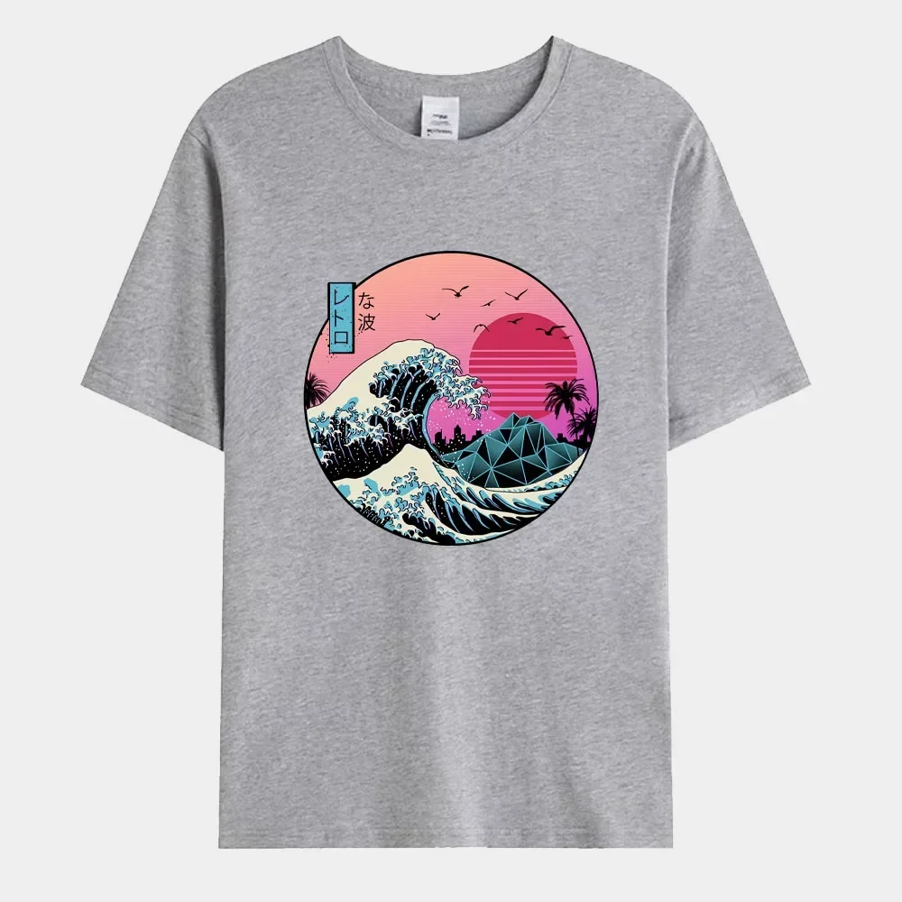 2024 Summer Men\'s T-shirt Sunset Waves in Japan Printed T-shirt Fashion 100% Cotton Short Sleeve Oversized Tee Shirt Men Clothes