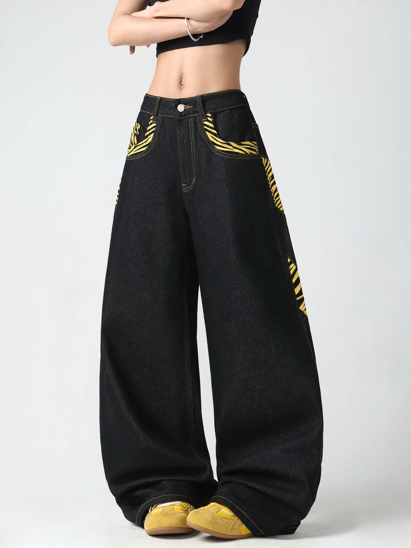 1 Pc American Vintage Deconstructed Patchwork Striped Print Loose Women's Jeans, Street Hip-Hop Trendy Black Wide-Leg Pants