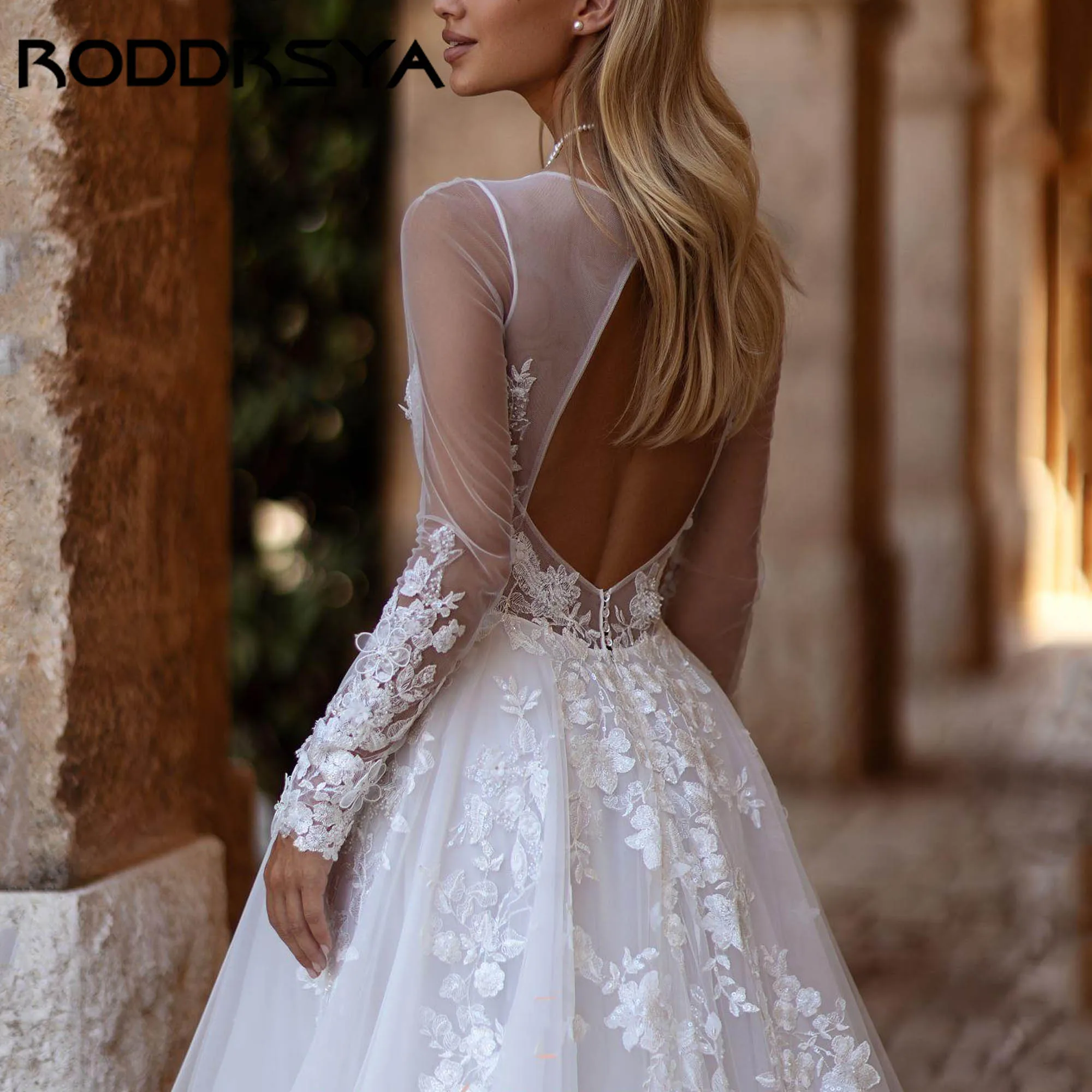 JEHETH Sexy Illusion A-line Abito da sposa Maniche lunghe Scollo a V Tulle Appliques Abiti da sposa Backless abiti da sposa Personalizzato