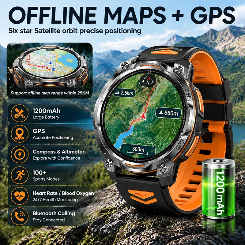 2026 New Offline Map Smartwatch 1200mAh Battery Military GPS Outdoor Compass 5ATM Waterproof Flashlight Heart Rate Sports Track