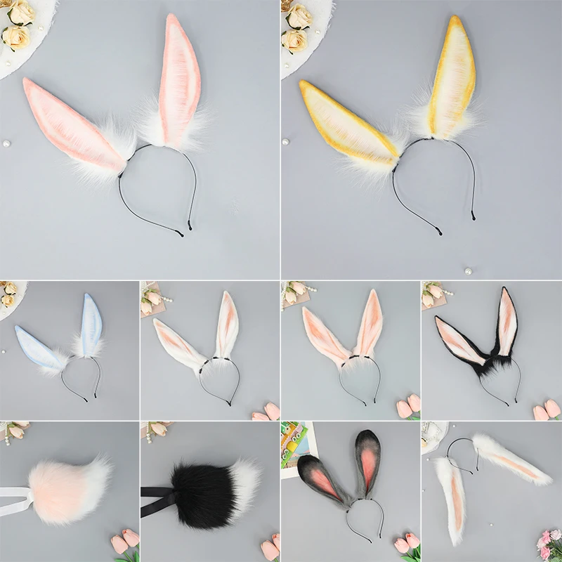 Girls Plush Long Rabbit Ears Headband Lolita Cosplay Props Halloween Party Animal Ear Headwear Hoop Hair Accessories Rabbit Tail