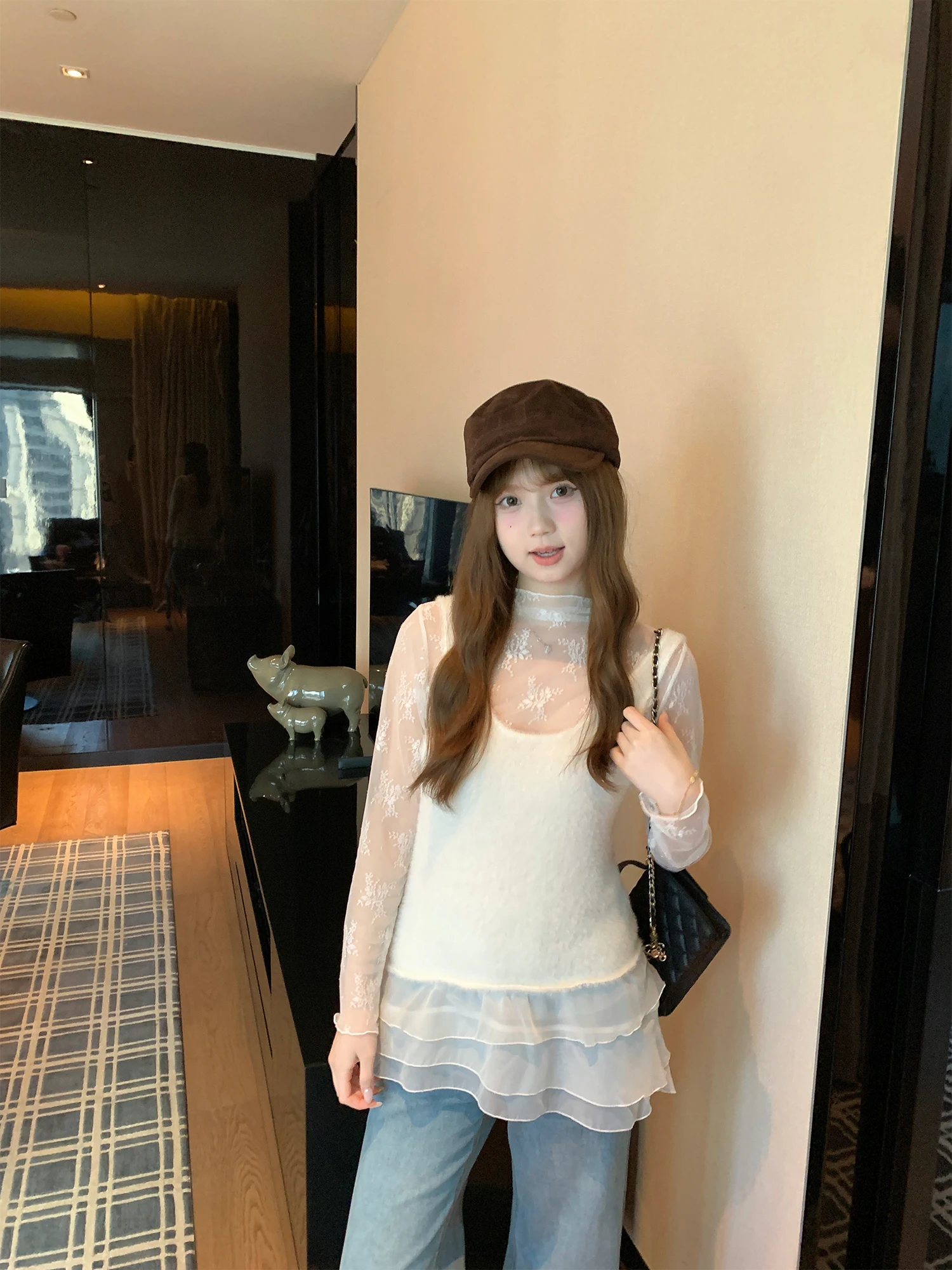 

Romantic S Lace Embroidery Vest Top Set Fuzzy Base Layer Girls Faion Long Sve Floral Pattern Daily Wear