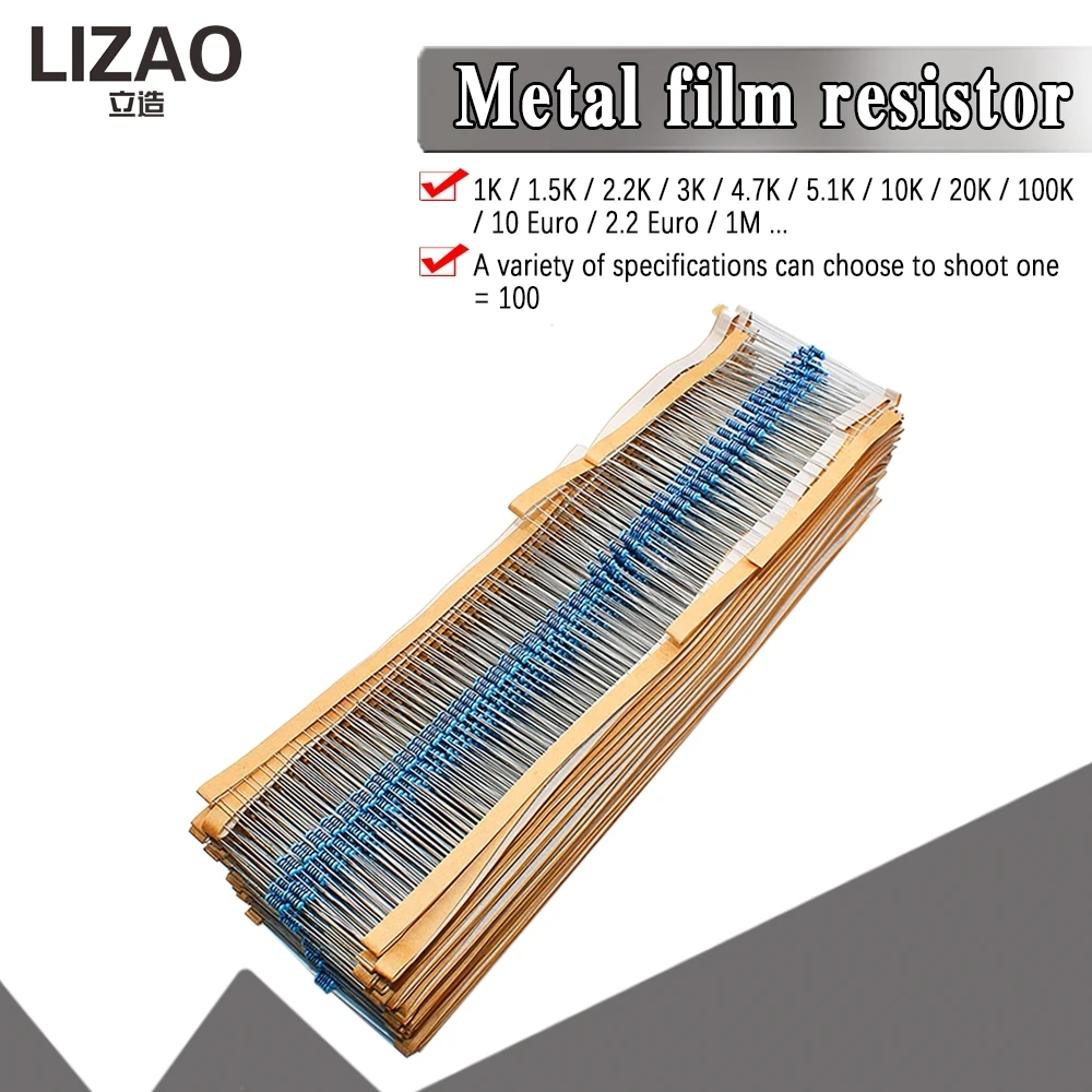 LIZAO 100pcs 1/4W 1% Metal Film Resistor Assorted Kit 1R~22M Ohm Resistance 100R 220R 1K 1.5K 2.2K 4.7K 10K 22K 47K 100K for DIY