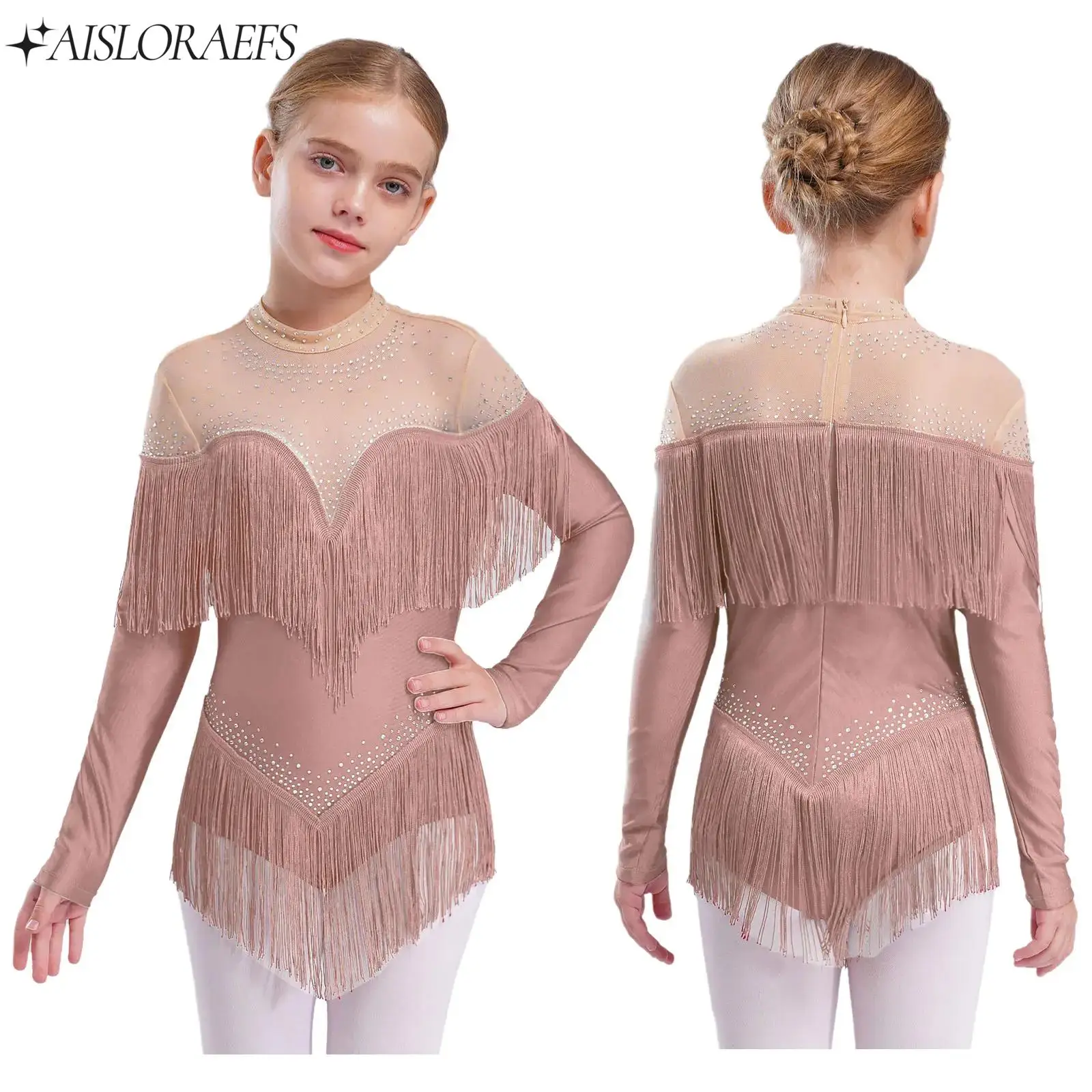 

Teen Girls Professional Dancing Latin Dance Tassel Leotard Shiny Rhinestones Mesh Leotard Dress Cha-cha Samba Bodysuit Clothes