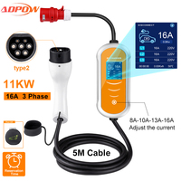 ADPOW Portable 16A Type2 EV Chargers 11KW 3Phase EU Plug EVSE Adjustable Current Wallbox Electric Car Charging Accessories