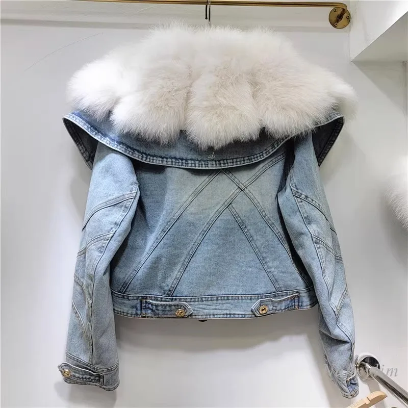 

2024 Winter Real Fox Fur Denim Jacket Women's Duck Down Liner Jacket Large Lapel Fur Coat Young Lady Short Warm Street Coats