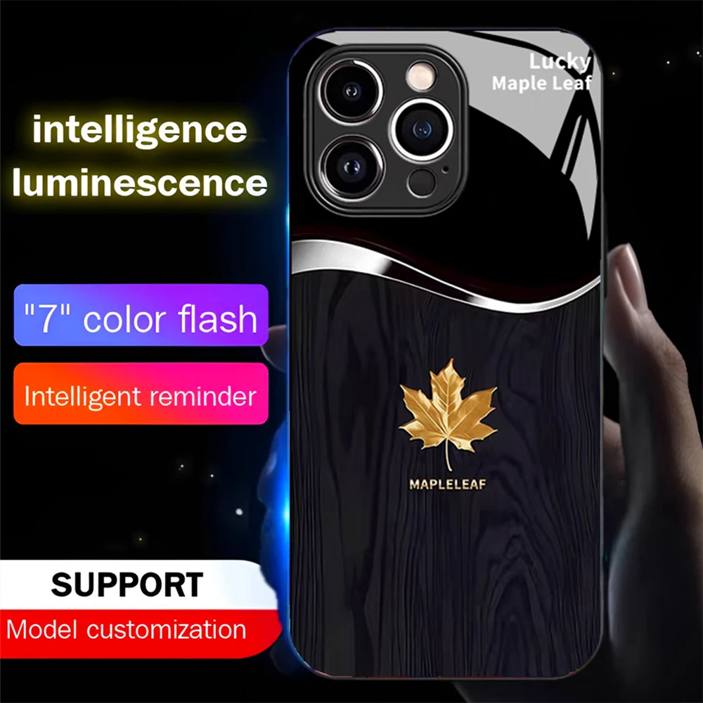 

Чехлы со светодиодной вспышкой Lucky Maple Leaf Sound Control, светящийся стеклянный чехол для iPhone Air 17, 16, E 15, 14, 13, 12, 11 Pro Max Plus