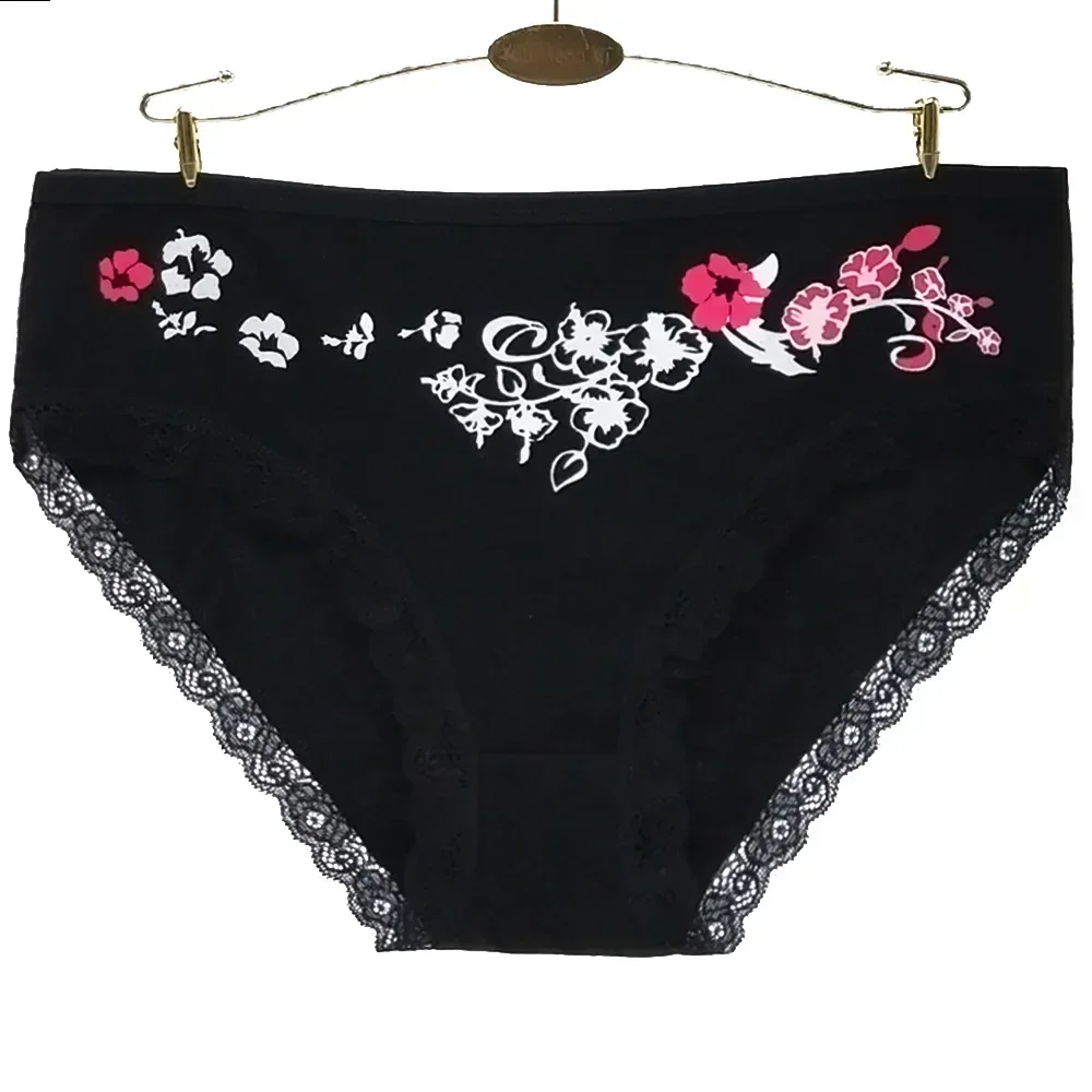 Plus Size Underwear Women Sexy Lace Briefs Print Panties Cotton Crotch Mid-Rise Lingerie 2XL-4XL 6 Pcs/lot