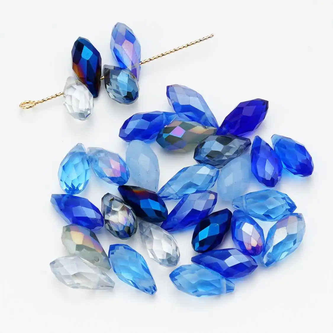 

30PCS Blue Theme Rhombus Faceted Glass Crystal Beads for DIY Jewelry Making, Pendant, Sewing Craft Accessories 12x8mm