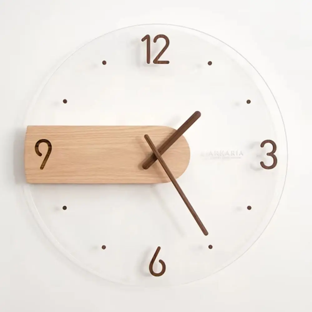 Silent Transparent Wall Clock Punch Free Easy to Read Minimalist Glass Clock Solid Wood Decorative Wooden 3D Hanging Clock