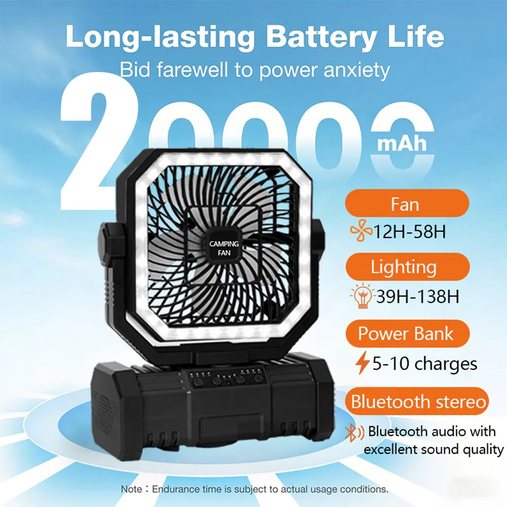Outdoor Camping Fan 20000mAh Oplaadbare ventilator met LED-lantaarn en afstandsbediening voor vissen, reizen, 4 snelheden, 8 uur timer, ophanghaak