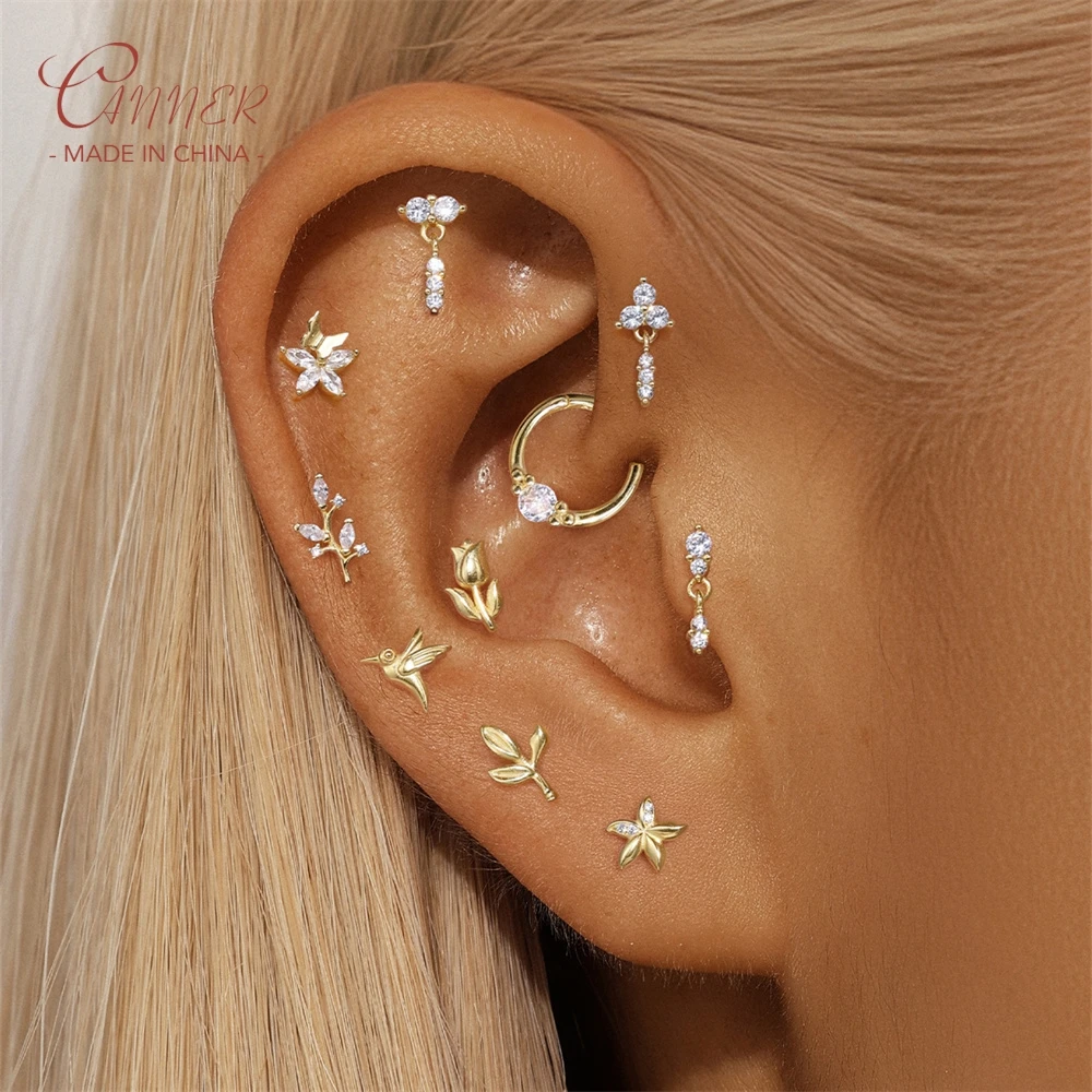 CANNER 1PC S925 Silver Natural Simple Geometric Smooth Leaf Zircon Piercing Piercing Nails Elegant Ladys Stud Jewelry