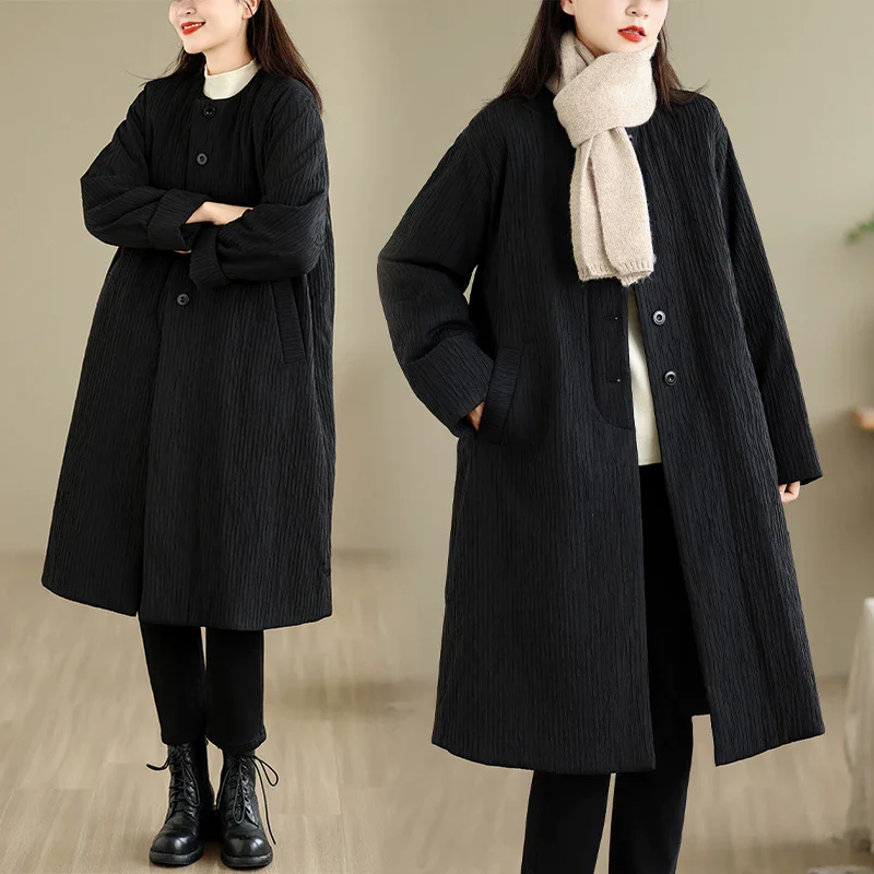 Black textured medium long warm cotton jacket for women, 2026 autumn and winter, elegant quilted windbreaker and thick coat j189