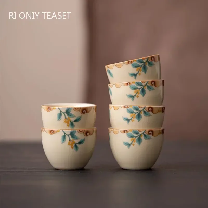 1 Pc Chinese Tradition Ru Kiln Tea Cup Hand Painted Leaves Pattern Ceramic Tea Bowl Household Teaware Handmade Teacup 50ml