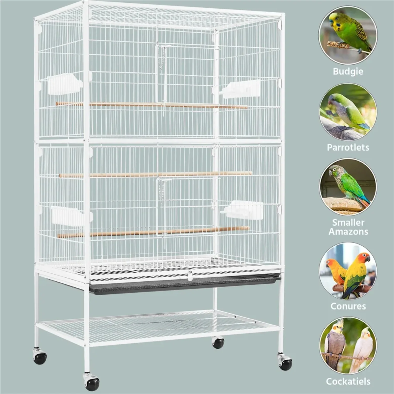 52″ H Rolling Metal Parrot Cage with 3 Perches & 4 Feeders & Extra Storage Shelf, White