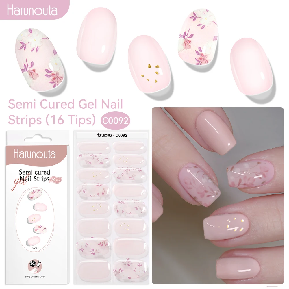 Harunouta 16 Streifen, Farbverlauf, roter Marmor, Goldlinie, halbgehärtete Gel-Nagelstreifen, DIY-Gel-Nagellack-Aufkleber für Nägel, Arbeit mit UV/LED