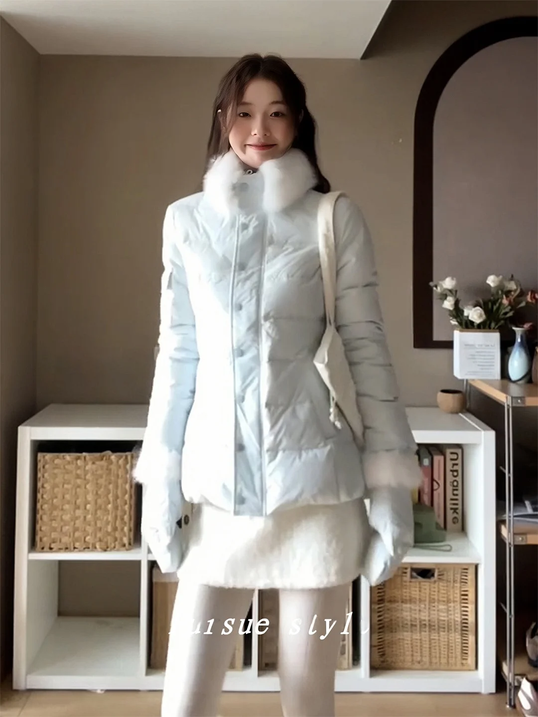 

Корейское высококачественное 90-белое пальто Du down ort, синий меховой воротник, утягивающее зимнее пальто с застежкой на талии для женщин