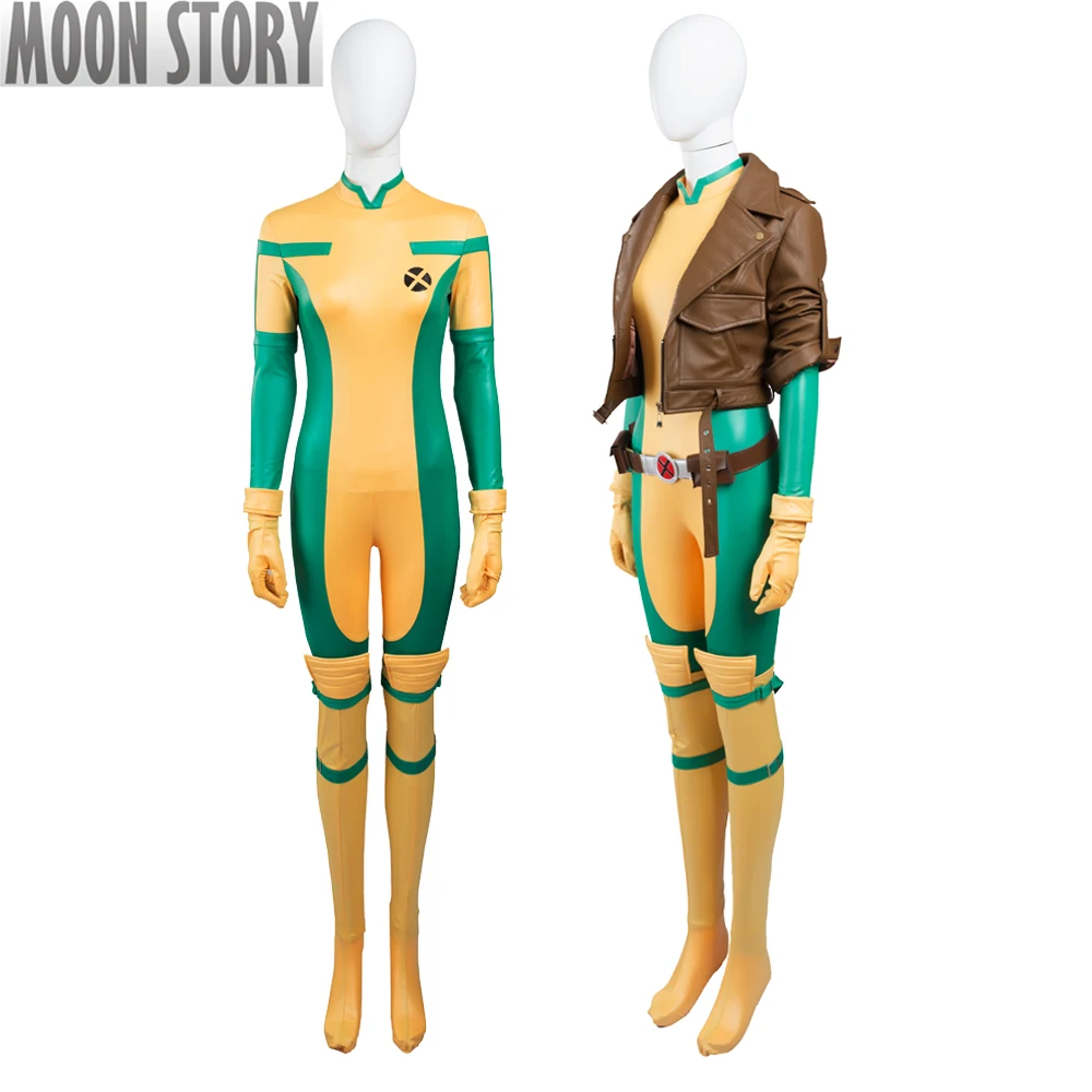 Cosplay de super-herói Rogue Mary X-Men e feminino macacão bodysuit adulto, traje de couro com casaco, roupa de Halloween, conjunto completo