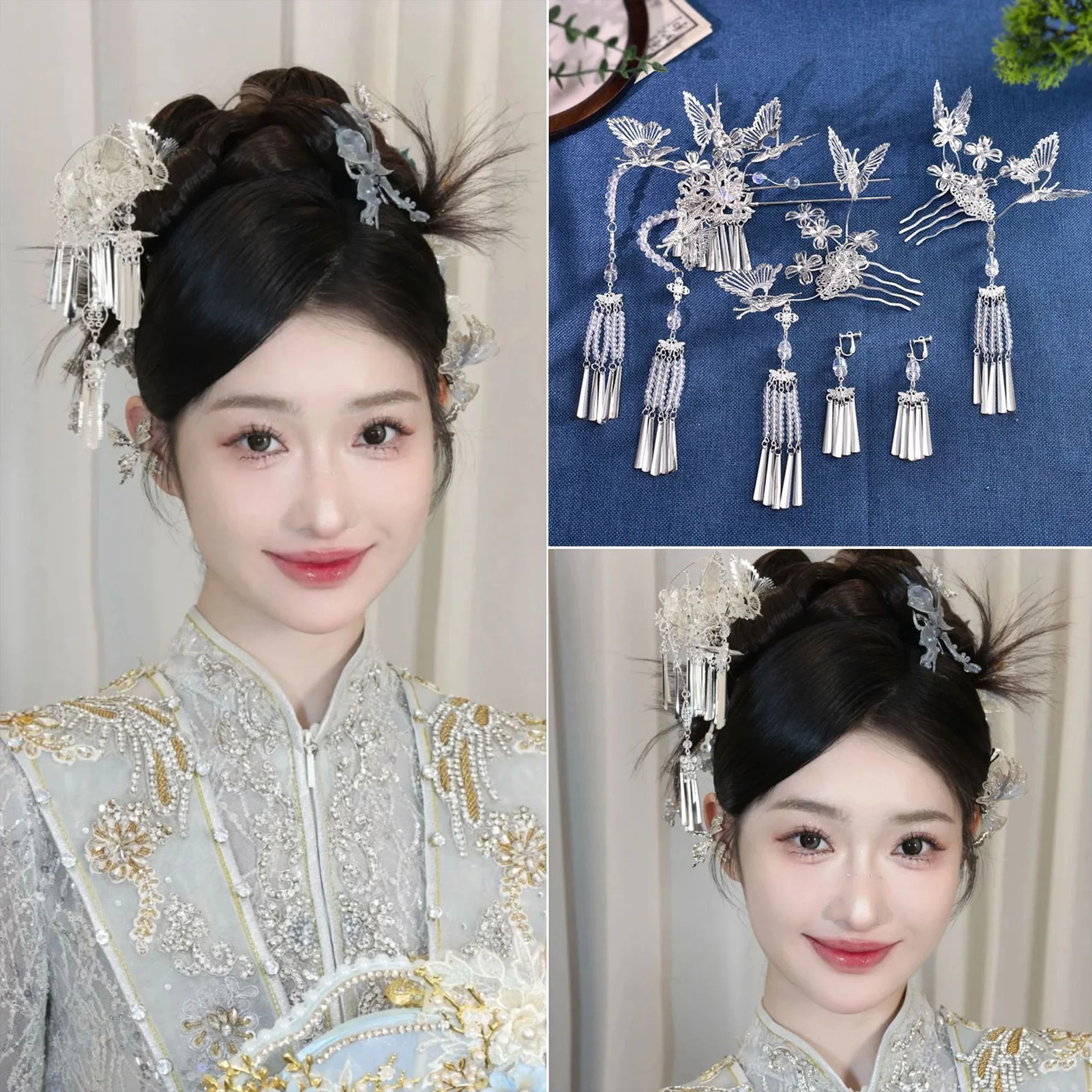 

Women Hair Pin Earrings Set Chinese Style Vintage Silver Alloy Dragon Phoenix Headdress for Wedding and Traditional Ceremony