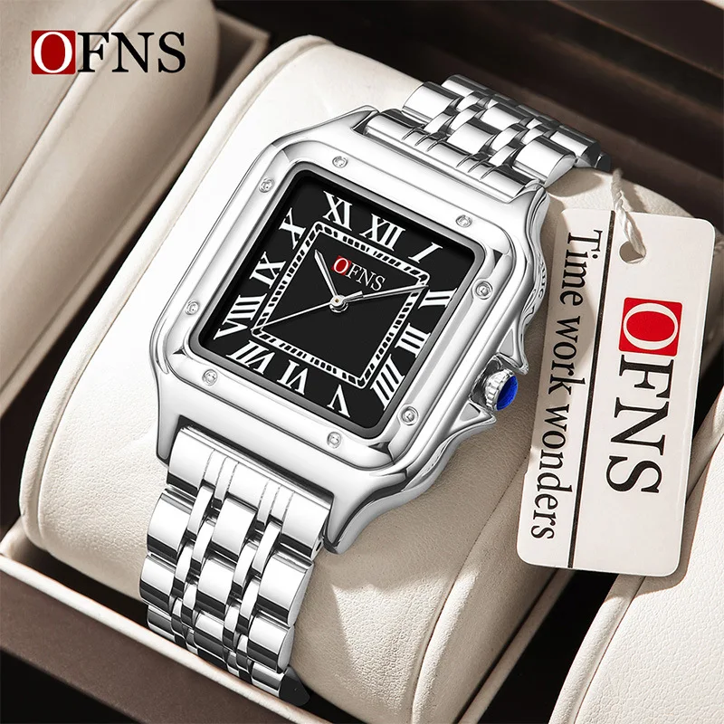 OFNS Square Couple Quartz Watch Roman Scale 3ATM Waterproof Steel Belt Watch Simple and Elegant Confession Commemorative Gift