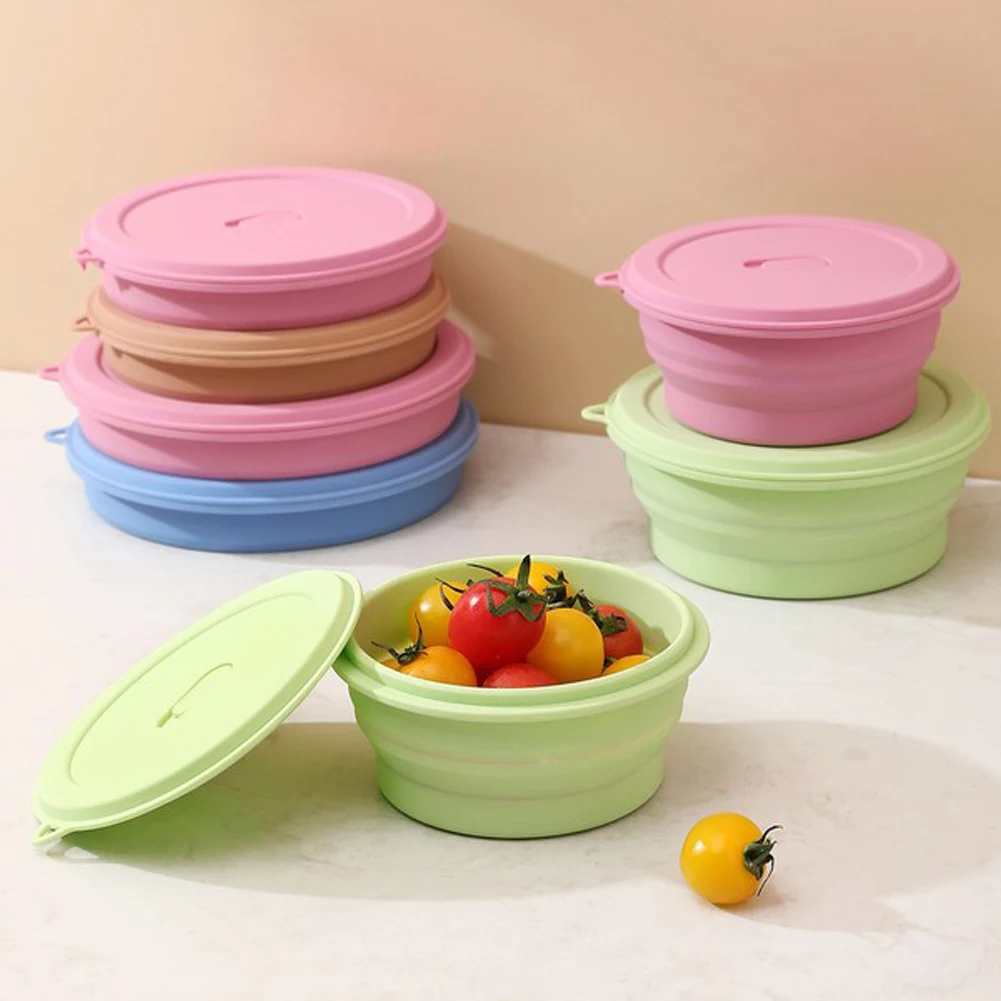 Tazones de silicona plegables con tapa, que ahorran espacio y son portátiles, ideales como vajilla para acampar, hacer senderismo, viajar, usar en la oficina o como juego de tazones para el almuerzo o la cocina.