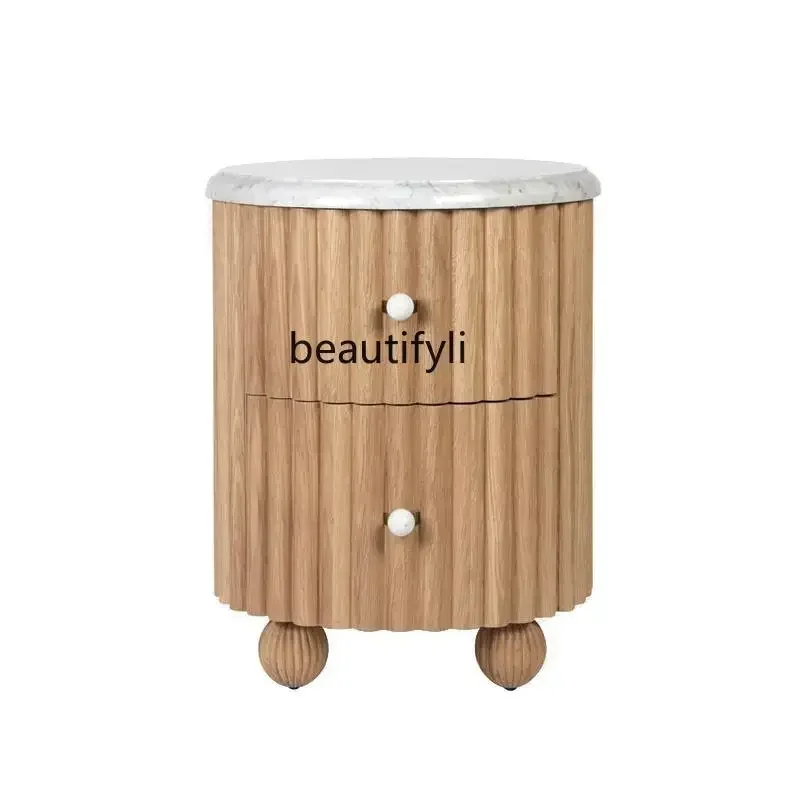 

American solid wood bedside table retro marble cabinet modern simple log color bedroom bedside table