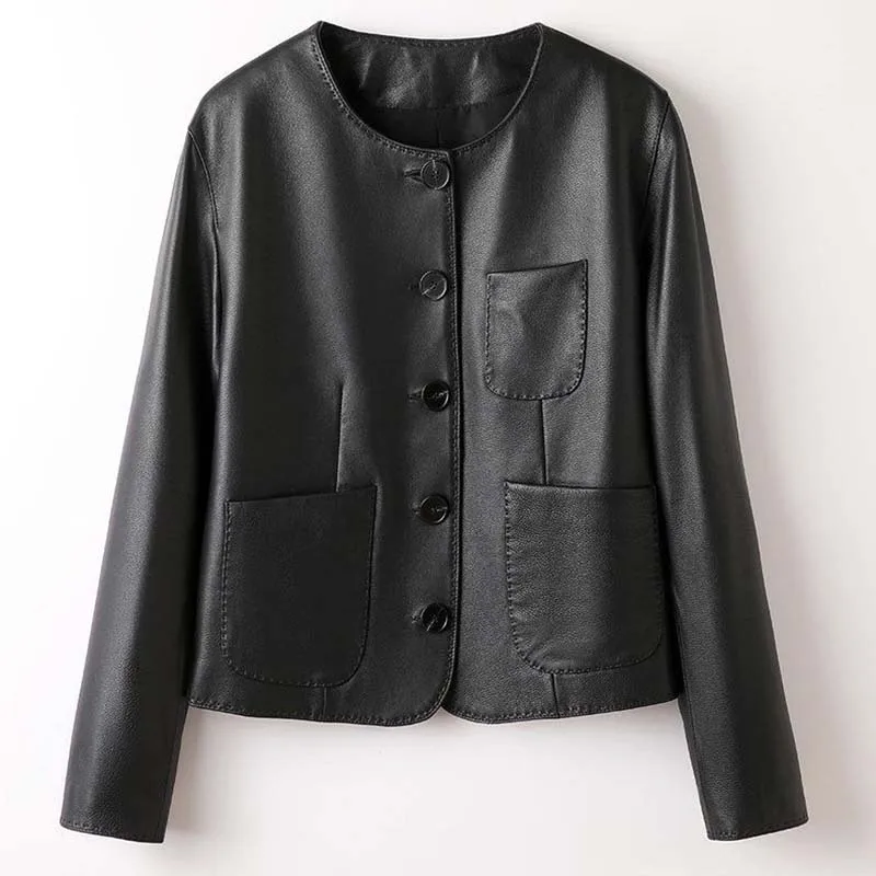 2027 Women Faux Leather Jacket Fashion Loose Round Neck PU Leather Short Jackets Autumn Temperament Outerwea Female Overwear