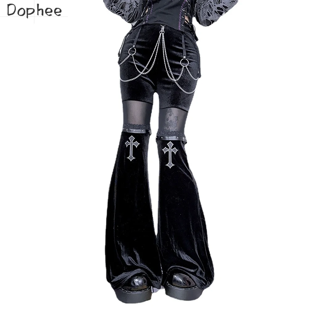 

Dophee Original Streetwear Punk Long Trousers for Women American Style All-match Hollow Out Cross Black Velvet Flare Pants 2023