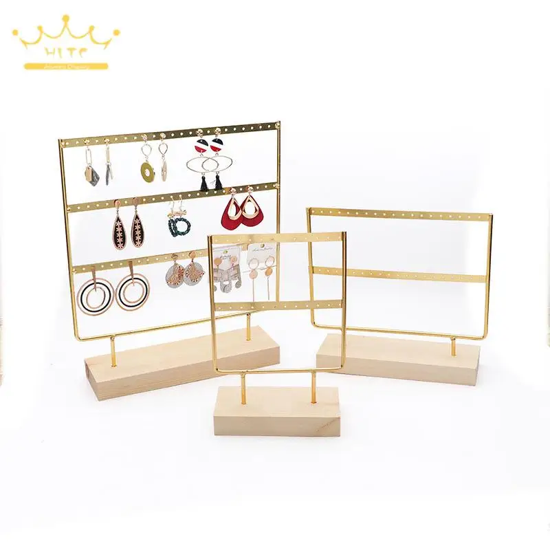 

Metal Earring Display Stand with Solid Wooden Base Golden Detachable Earrings Storage Rack Ear Stud Jewelry Organizer 3 Layers