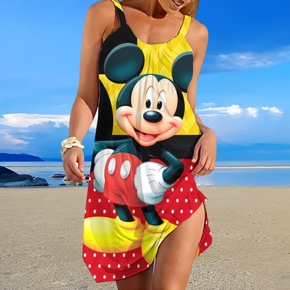 

Disney Summer Comfortable Low Round Collar Design Off-shoulder Knee-length Dress Cartoon Pattern Printed Women's Suspender