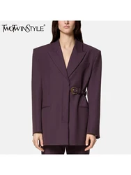 TWOTWINSTYLE Solid Spliced Belt Loose Blazers For Women Lapel Long Sleeve Temperament Patchwork Poctets Coats Female Fashion New