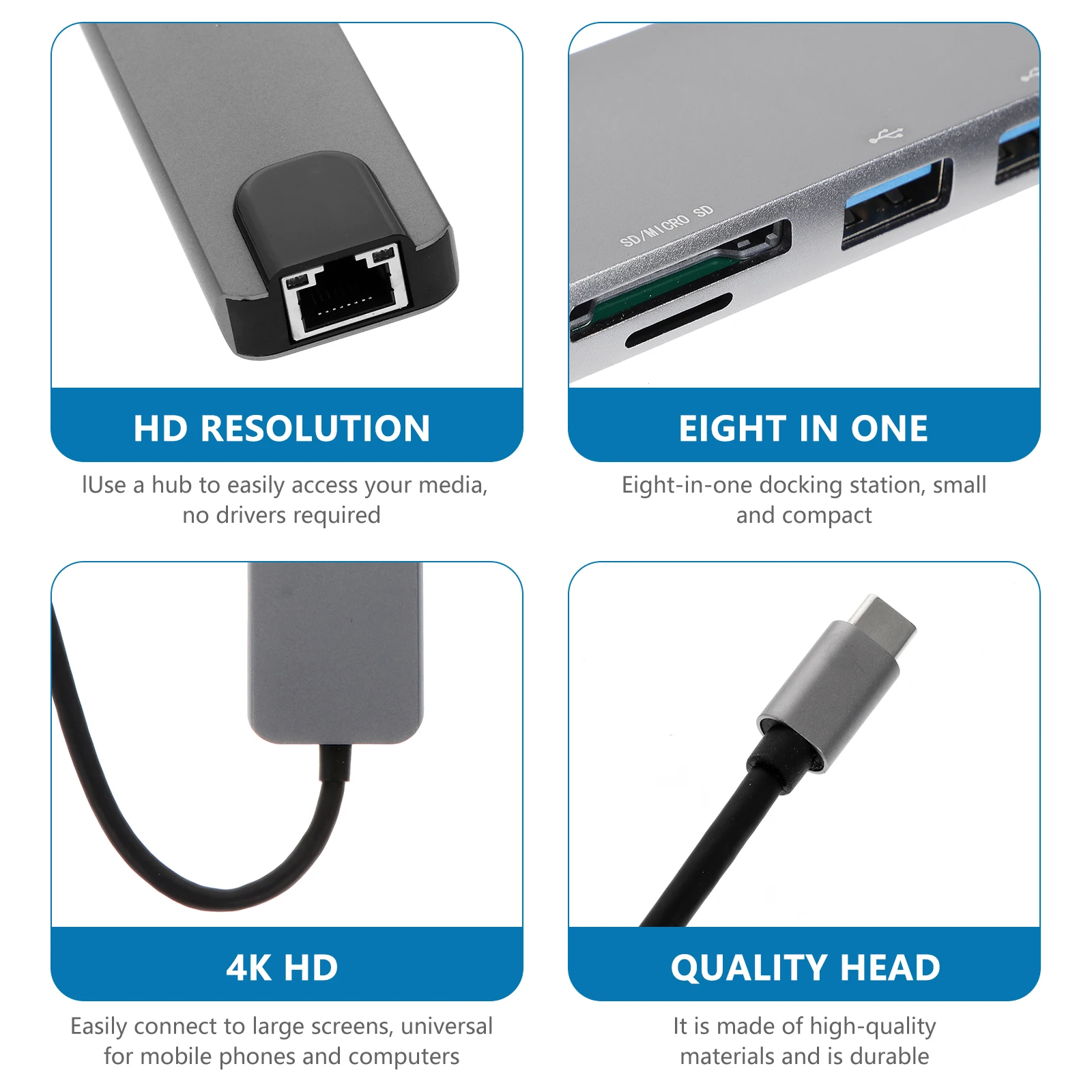

8-портовый USB-концентратор из алюминиевого сплава, многопортовая док-станция для передачи данных, Ethernet-адаптер для портативных ПК, легкий, прочный, рассеивание тепла