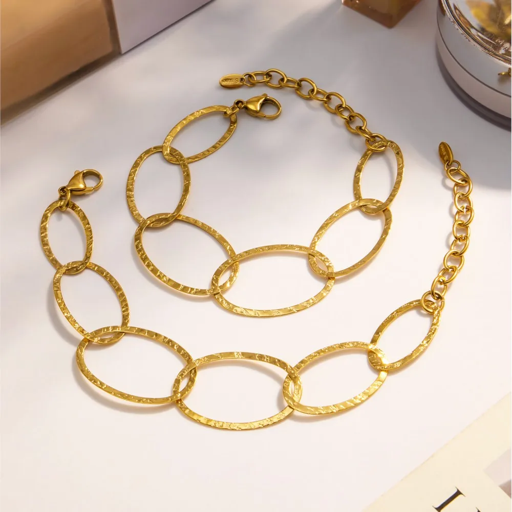 Colar de aço inoxidável pulseira brincos para mulher 18k banhado a ouro corrente oval colares pulseiras balançar brinco conjunto de jóias