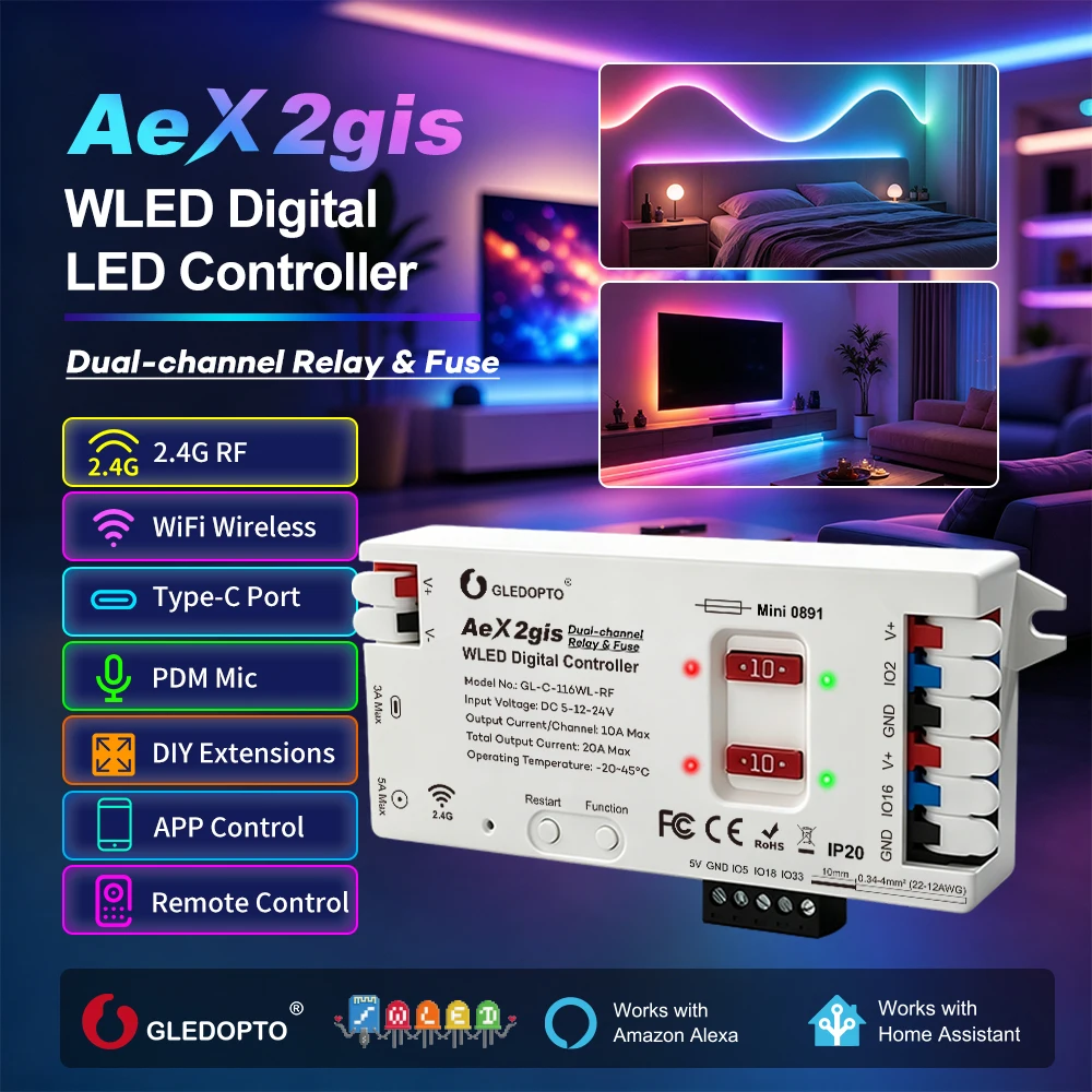 GLEDOPTO AeX2gis Dual-Channel WLED Digital LED Controller,WIFI & 2.4G RF Remote Control,Dual 10A Fuse & Relay Protection,20A Max