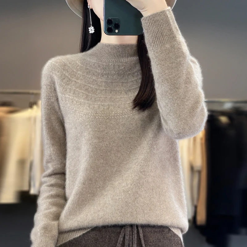 Autunno e inverno nuova donna 100% pura lana pullover tinta unita collo semi-alto manica lunga sciolto maglione di cachemire hollow top