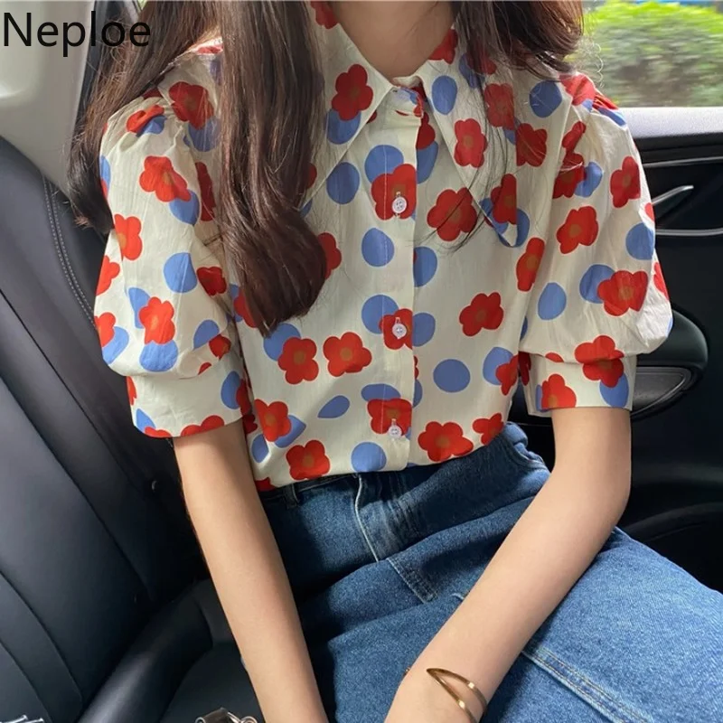 Neploe Flower Button Up Shirts Women 2023 Summer Blouses Blusas Vintage Elegant Blouse Korean Fashion Puff Sleeve Ladies Tops