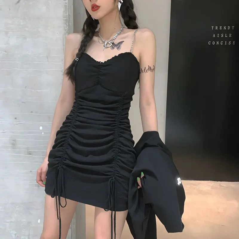 

Black Sexy Girls Sleeveless Chest Wrapping Slip Dress New Summer Fashion Slim Waist Draw String Bodycon Dresses Hot Short Dress