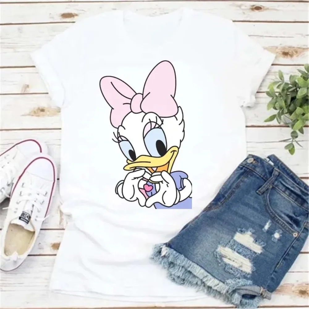 Kawaii Disney Tee Cartoon Women T Shirt Daisy Duck Print T-shirt Men Clothes Fashion Short Sleeves Girl Top Casual Ladies Shirts